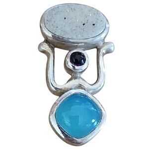 Vtg Artisian Made 925 Silver Turquoise Glass Amethyst Accent Druzy Drop Pendant